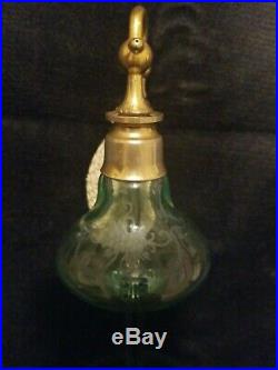 Rare Vtg Signed Hawkes Etched Green Glass Perfume Bottle Devilbiss Atomizer
