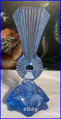 SALE! Vintage CZECH CUT GLASS BLUE CRYSTAL ART DECO PERFUME BOTTLE w Dauber