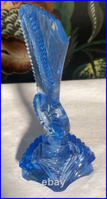 SALE! Vintage CZECH CUT GLASS BLUE CRYSTAL ART DECO PERFUME BOTTLE w Dauber