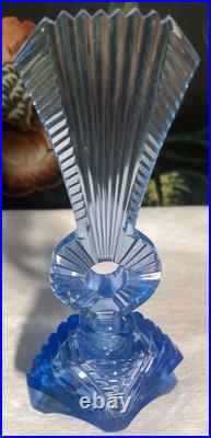 SALE! Vintage CZECH CUT GLASS BLUE CRYSTAL ART DECO PERFUME BOTTLE w Dauber