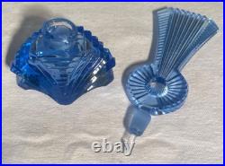 SALE! Vintage CZECH CUT GLASS BLUE CRYSTAL ART DECO PERFUME BOTTLE w Dauber