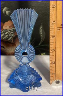 SALE! Vintage CZECH CUT GLASS BLUE CRYSTAL ART DECO PERFUME BOTTLE w Dauber