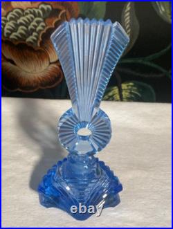 SALE! Vintage CZECH CUT GLASS BLUE CRYSTAL ART DECO PERFUME BOTTLE w Dauber