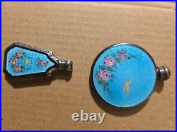 SMALL ANTIQUE Vintage GUILLOCHE ENAMEL PAINTED MATCHING PERFUME BOTTLES