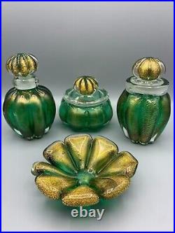 Seguso Murano Vintage Glass Vanity Set Perfume Bottle Powder Box Bowl Aventurine