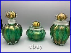 Seguso Murano Vintage Glass Vanity Set Perfume Bottle Powder Box Bowl Aventurine