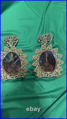 Set Of 2 Vintage Vanity Perfume Bottles Gold Metal Filigree & Amber Glass