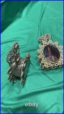 Set Of 2 Vintage Vanity Perfume Bottles Gold Metal Filigree & Amber Glass