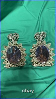 Set Of 2 Vintage Vanity Perfume Bottles Gold Metal Filigree & Amber Glass
