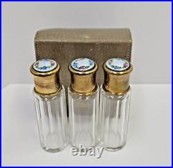 Set Of 3 VTG Guilloche Enamel Flowers Perfume Bottles With Glass Stoppers & Case