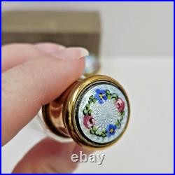 Set Of 3 VTG Guilloche Enamel Flowers Perfume Bottles With Glass Stoppers & Case