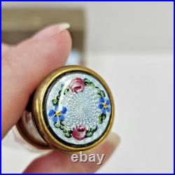 Set Of 3 VTG Guilloche Enamel Flowers Perfume Bottles With Glass Stoppers & Case