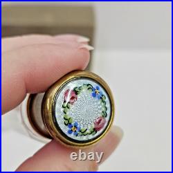 Set Of 3 VTG Guilloche Enamel Flowers Perfume Bottles With Glass Stoppers & Case