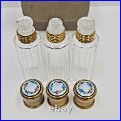 Set Of 3 VTG Guilloche Enamel Flowers Perfume Bottles With Glass Stoppers & Case