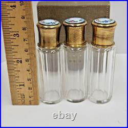 Set Of 3 VTG Guilloche Enamel Flowers Perfume Bottles With Glass Stoppers & Case