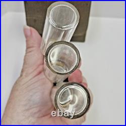 Set Of 3 VTG Guilloche Enamel Flowers Perfume Bottles With Glass Stoppers & Case