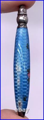 Sterling Silver Guilloche Perfume Bottle Germany Blue Enamel Flower Vintage