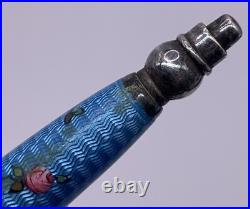 Sterling Silver Guilloche Perfume Bottle Germany Blue Enamel Flower Vintage