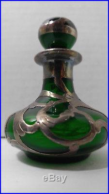 Sterling Silver Overlay Green Glass withStopper Perfume Bottle Art Nouveau Vintage