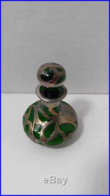 Sterling Silver Overlay Green Glass withStopper Perfume Bottle Art Nouveau Vintage