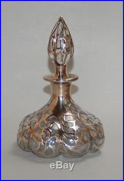 Steuben Glass Perfume Bottle Heavy Silver Overlay 6 Inch Vintage Antique