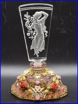 THE BEST 1920s Vintage JEWELED Czech CUT pink CRYSTAL nude Glass PERFUME BOTTLE