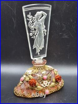 THE BEST 1920s Vintage JEWELED Czech CUT pink CRYSTAL nude Glass PERFUME BOTTLE