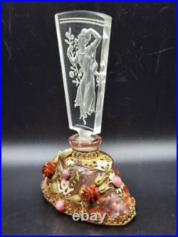 THE BEST 1920s Vintage JEWELED Czech CUT pink CRYSTAL nude Glass PERFUME BOTTLE