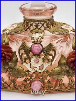 THE BEST 1920s Vintage JEWELED Czech CUT pink CRYSTAL nude Glass PERFUME BOTTLE
