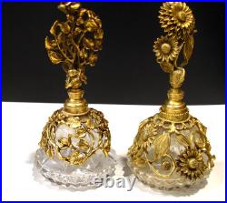 TWO Vintage Matson Gold Gilt Sunflower and a Rose Ormolu Perfume Bottles
