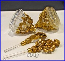 TWO Vintage Matson Gold Gilt Sunflower and a Rose Ormolu Perfume Bottles