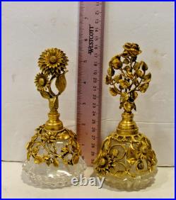TWO Vintage Matson Gold Gilt Sunflower and a Rose Ormolu Perfume Bottles