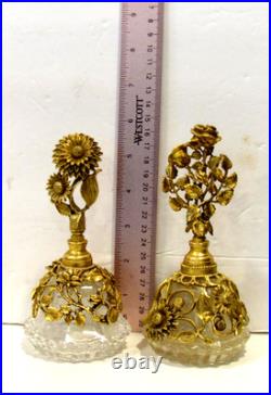 TWO Vintage Matson Gold Gilt Sunflower and a Rose Ormolu Perfume Bottles