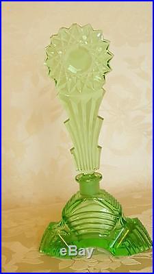 Towering Vintage Czech Green Glass Perfume Bottle 8 tall made in Czechoslovakia
