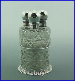 Trio Of Antique Silver & Glass Perfume Bottles & Silver Stand 1904
