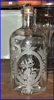 Two Fine Vintage Apothecary Bottles with Frosted Etched Decoration with Stoppers