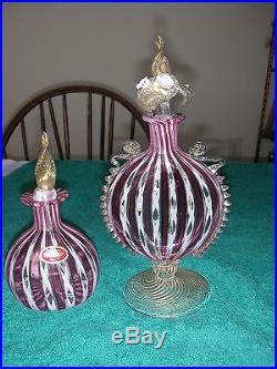 Two Murano Vintage Perfume Bottles Red White Candy Stripe Gold Speckles