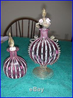 Two Murano Vintage Perfume Bottles Red White Candy Stripe Gold Speckles