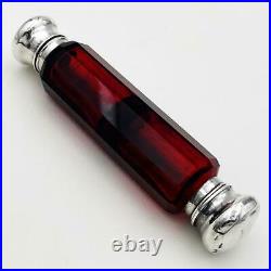 VICTORIAN RUBY GLASS & SILVER DOUBLE ENDED PERFUME SCENT BOTTLE c1890 A/F