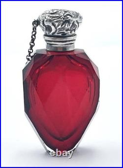 VICTORIAN SILVER RUBY GLASS PERFUME BOTTLE c1875