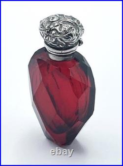 VICTORIAN SILVER RUBY GLASS PERFUME BOTTLE c1875
