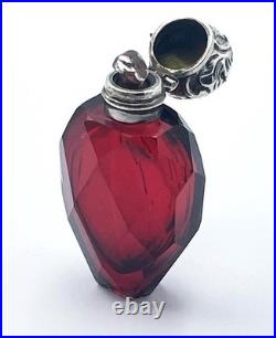 VICTORIAN SILVER RUBY GLASS PERFUME BOTTLE c1875