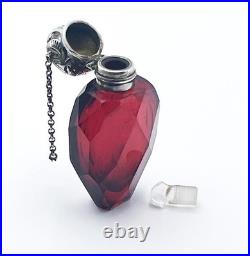VICTORIAN SILVER RUBY GLASS PERFUME BOTTLE c1875