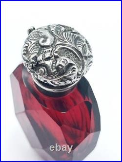 VICTORIAN SILVER RUBY GLASS PERFUME BOTTLE c1875