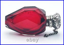 VICTORIAN SILVER RUBY GLASS PERFUME BOTTLE c1875