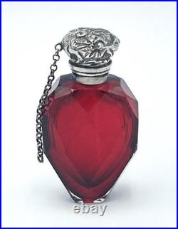 VICTORIAN SILVER RUBY GLASS PERFUME BOTTLE c1875