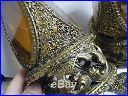 VINTAGE 1950s LARGE PAIR PERFUME BOTTLES GOLD FILIGREE BEVELED AMBER GLASS PANEL