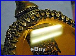 VINTAGE 1950s LARGE PAIR PERFUME BOTTLES GOLD FILIGREE BEVELED AMBER GLASS PANEL