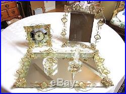 VINTAGE 50's FILIGREE MIRRORED VANITY SET TRAY CLOCK PICTURE FRAME PERFUME GLASS