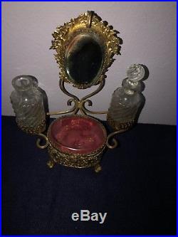 VINTAGE BEVELED GLASS ORMOLU PERFUME BOTTLE TRINKET CASKET BOX STAND WithMIRROR